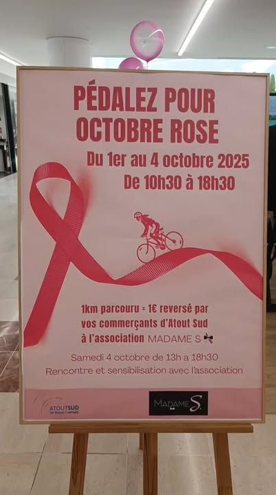 🎗️💘 PEDALEZ POUR OCTOBRE ROSE 🎗️💘Merci à la @galerieatoutsud pour l'accueil et cette idée géniale de faire kms en échange d'euros 😍Chacun peut apporter sa pierre a l'entraide 🎗️Retrouvez nous jusqu'à 19h ce samedi 😉#octobrerose🎀 #LutterEnsemble #tousconcernés #vuparleshommes🎗️ @association.ma.parenthese